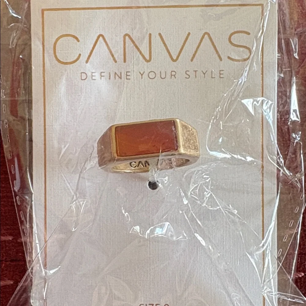 🆕CANVAS: Trendy Gold Tone Rectangular Ring w/ Orange Stone- Men’s size 6.5 to 7